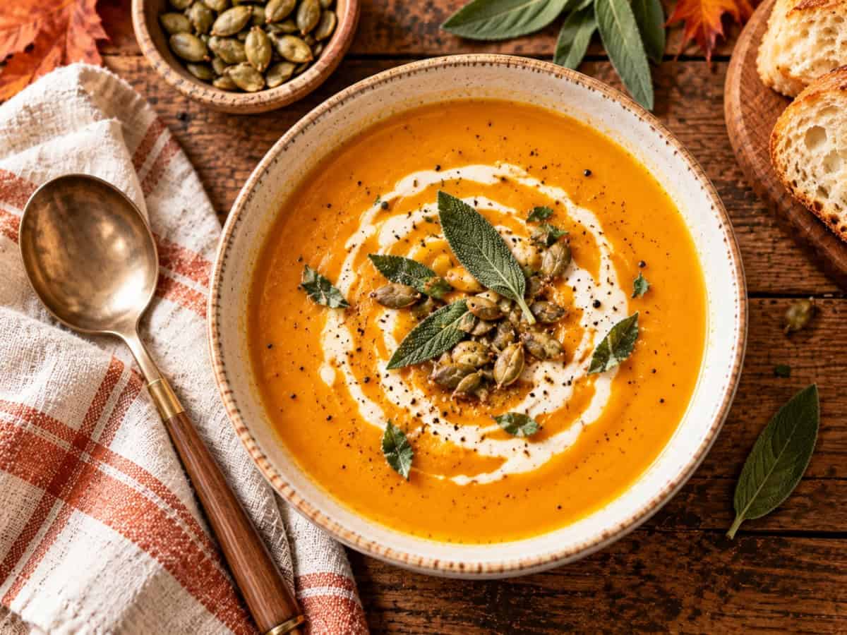 bowl of creamy butternut squash soup on a rustic wood table, garnished with cream swirl and fresh sage