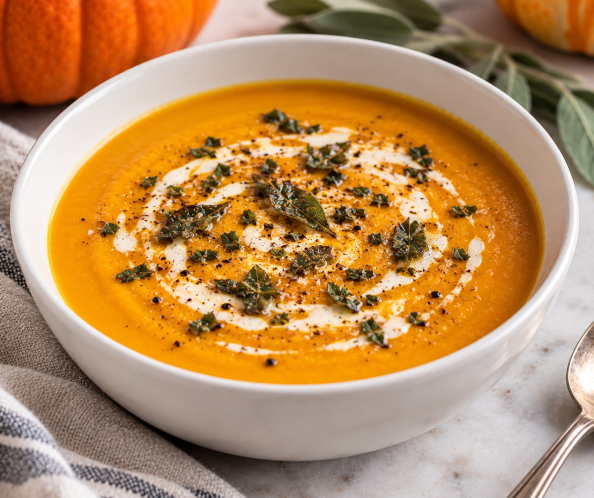 Creamy pumpkin soup in a white bowl, topped with crushed butter-crisped sage leaves, a swirl of cream, and cracked black pepper.