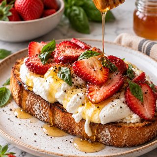 Strawberry burrata toast topped with fresh strawberries, basil, and honey drizzle.