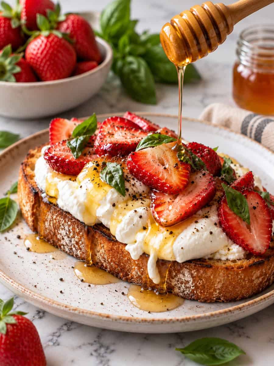 Strawberry burrata toast topped with fresh strawberries, basil, and honey drizzle.
