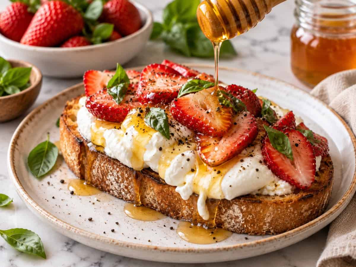 Strawberry burrata toast topped with fresh strawberries, basil, and honey drizzle.