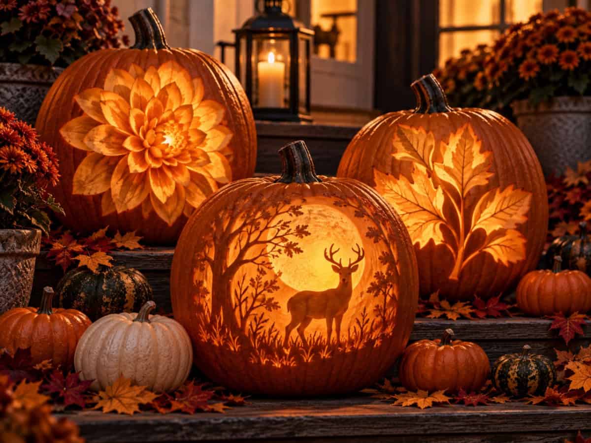 Glowing layered pumpkin carvings featuring a deer under a full moon, autumn leaves, and a detailed flower on a cozy fall porch.