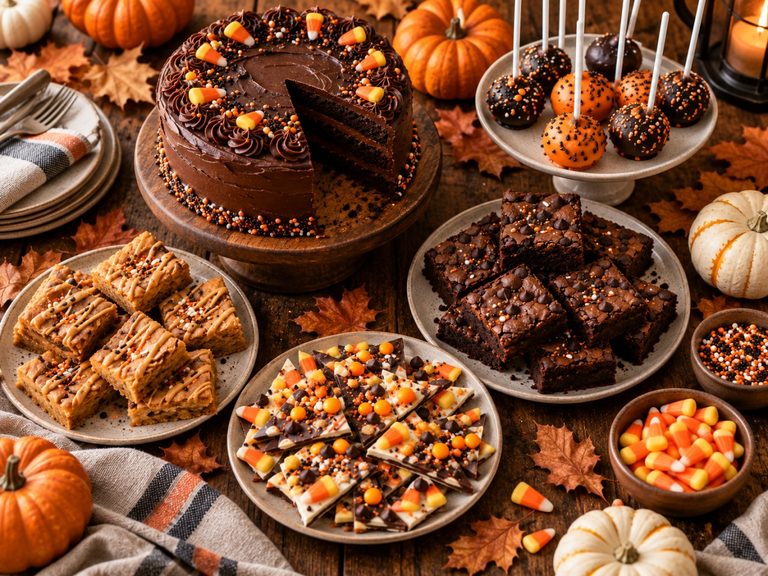 halloween dessert table with chocolate cake, brownies, peanut butter blondies, candy corn bark, cake pops